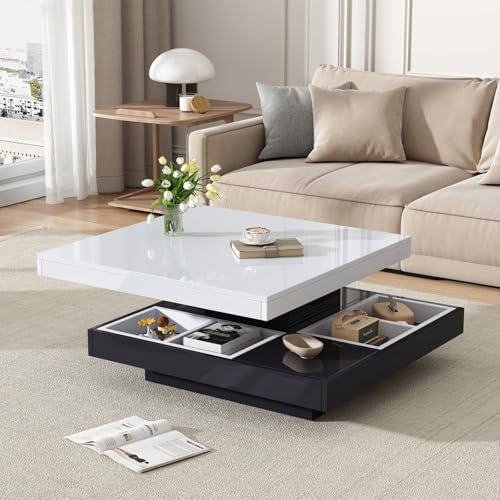 YEHTOKHOME Moderne Coffee Table Basse Plateau de Table Pivotant à 2 étages avec Compartiment de Rangement, 70x70x36 cm (Blanc + Noir)