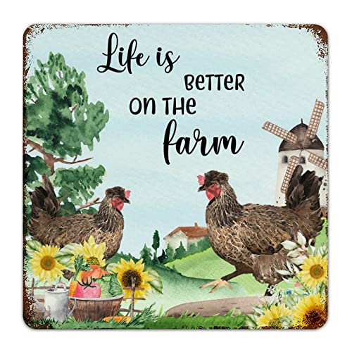 Life Is Better On The Farm Garage Signs Decorative Laundry Bathroom Outdoor Wall Decorations Aluminum Metal Sign Hen Art Cockerel Rooster Metal Plaque For Indoor 12X12 Inch #TOP28