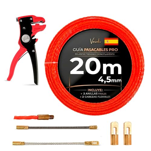 Varals - Guía Pasacables Profesional 4,5mm 20m Kit Completo Con Pelacables Poliéster Trenzado Pasacables Eléctrico 4 Terminales Intercambiables Guía Electricista