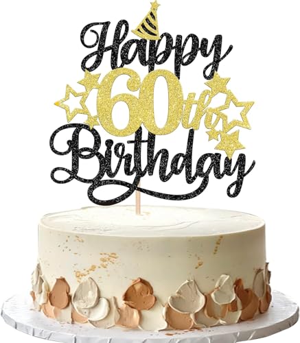 Image of Confetti! Glittering 60th Birthday Cake Topper with Star Hat - Cheers to 60 Years! Fabulous Cake Decorations for elders 60th Birthday & Anniversary Party Supply