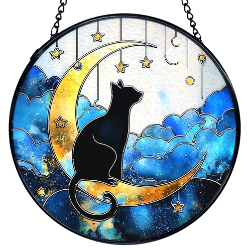 TNUW Black Cat on Moon Stained Glass Window Hanging, Celestial Moon and Star Black Cat Sun Catchers Indoor Window Glass Round Wall Art Decor, Cats Astronomy Wall Hanging Decorations, 7.9"x7.9"