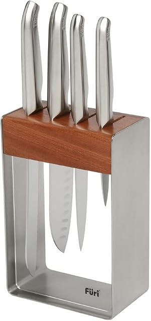 Furi PRO Stainless Steel Knife Block Set Including 4 Knives, Japanese Stainless Steel Ultra Sharp Blade Every Day Kitchen Knives (Colour: Silver,Teak-Brown), Quantity: 1 Set, 5 pcs