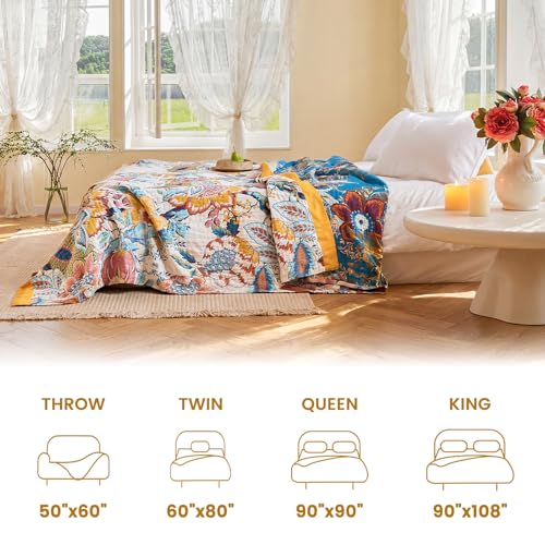 Image of MSGKV Boho Throw Blanket 90 inchx90 inch Fall Cotton Floral Blanket for Couch
