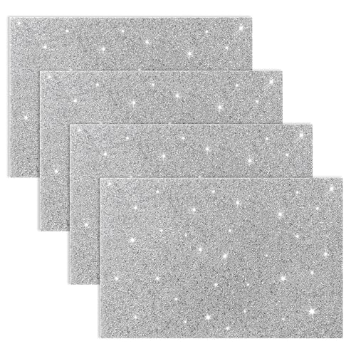 Cumouna Lot de 4 sets de table rectangulaires argentés pour table de salle à manger, résistants à la chaleur, imperméables, décoration en strass, 30,5 x...