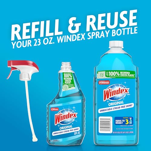 Image of Windex Refill Glass and Window Cleaner Bottle, Bottle Made from 100% Recycled Plastic, Surface Cleaning Spray, Original Blue Scent, 2L (67.6 Fl Oz) (Pack of 2)