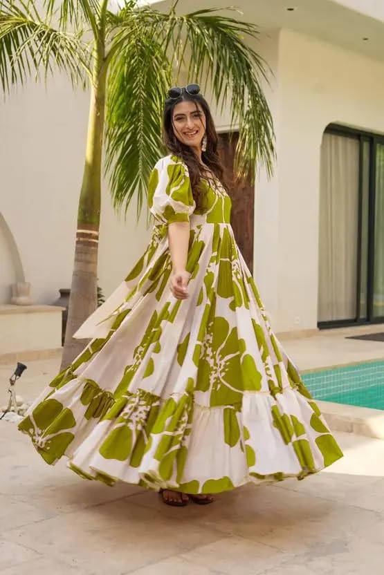 Image of Women Floral Printed Tiered Maxi Dress with Puff Sleeves, Empire Waist, Tie-Up Detail, Flared Long Dress for Casual Wear, Summer Outings, Vacation & Resort Wear - Causal Gown for Women