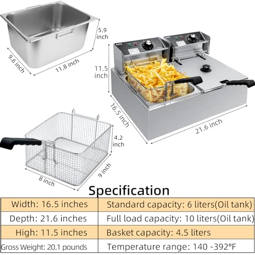 Commercial Deep Fryer with Basket - Large Capacity Stainless Steel Electric Oil Fryer for Restaurant or Home Use,3400W 12.7QT - Image 6