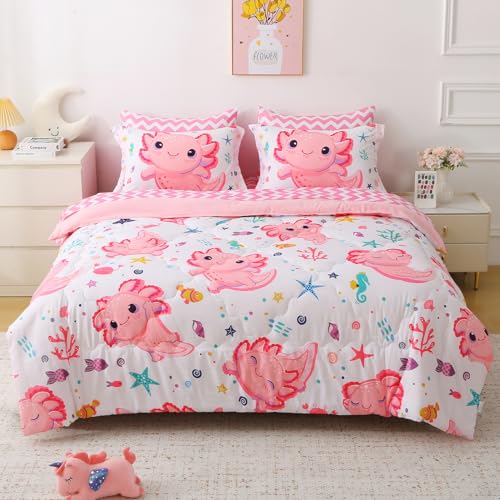 Gusuhome Girls Pink 7 Piece Axolotl Comforter Set for Kids Twin Size Kawaii Axolotl Bedding for Teen 3D Animals Colorful Bed Set (Comforter Flat Sheet Fitted Sheet and Pillow Sham)