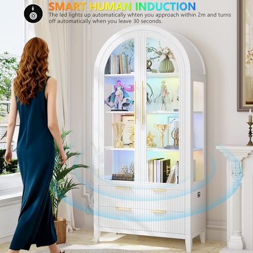 Image of LVSOMT 71 inch Arched Display Cabinet with Glass Doors and RGB Lights, White