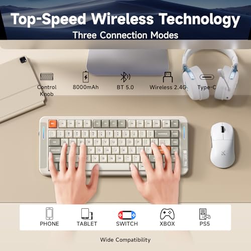 Image of MCHOSE X75 V2 Wireless Mechanical Keyboard Volume Knob, Tri-mode BT5.0 /2.4GHz /USB-C Hot Swappable Custom Keyboards, Linear Switch Creamy keyboards,RGB Gaming Keyboard for PC /Tablet /PS /Xbox,Retro White