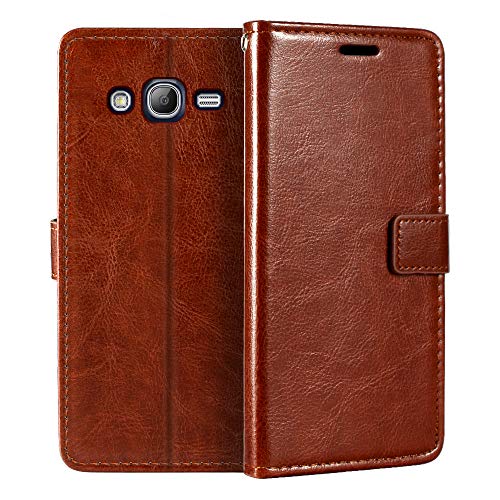 Shantime Leather Case Compatible with Samsung Galaxy Grand Duos i9082, Business Design Magnetic Flip Cover with 3 Card Slots, Photo Frame, and Hidden Wallet(Brown)