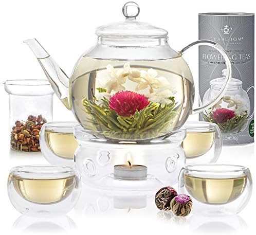 Teabloom Borosilicate Glass Tea Set: Heatproof Glass Teapot - Loose Tea Infuser - Tea Warmer - 4 Insulated Teacups - 12 Flowering Teas
