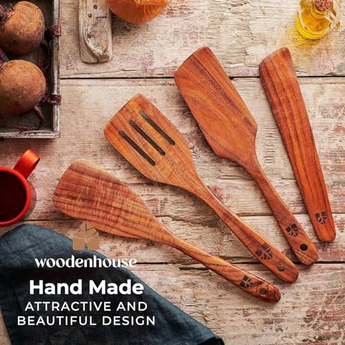 Image of Wooden Spatula for Cooking - Natural Teak Wood Spatula for Non Stick Frying Pan - Wooden Cooking Utensils Set of 4 Including Paddle, Turner, Slotted Spurtle and Wood Scraper - Long Ergonomic Handles