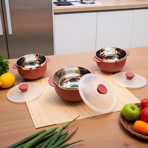 Image of Premium Stainless Steel Bowl Set of 3 | Microwave Safe Bowls with Lids | Mixing & Serving Bowls for Kitchen | Multi-Purpose Serving Bowls for Salad, Rice, Desert, Bowl Set - Multicolor