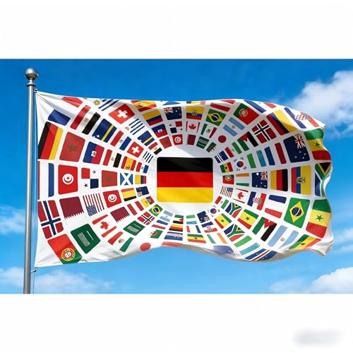 2026 WM Fußball Flagge Einzigartiges Design mit deutscher Flagge & allen WM Teilnehmerländern im Kreis extra große Fahne 90x150cm wetterfest Fanartikel für Public Viewing Garten Haus Bar