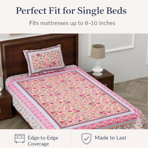 Image of elanorhomes 100% Cotton 240 TC Single Bed Sheet Set | Floral Hand Printed Bedsheet with Pillow Cover | Soft Breathable Fabric for Bedroom | 60x90 Inches (Blush Garden)