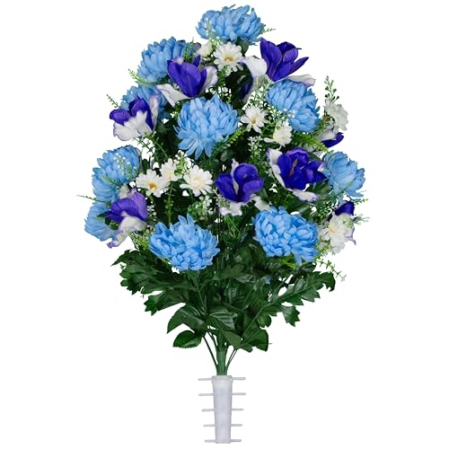 Sympathy Silks Artificial Cemetery Flowers - Gravesite Flowers - Light Blue Mums and Purple Iris - (1) Bouquet
