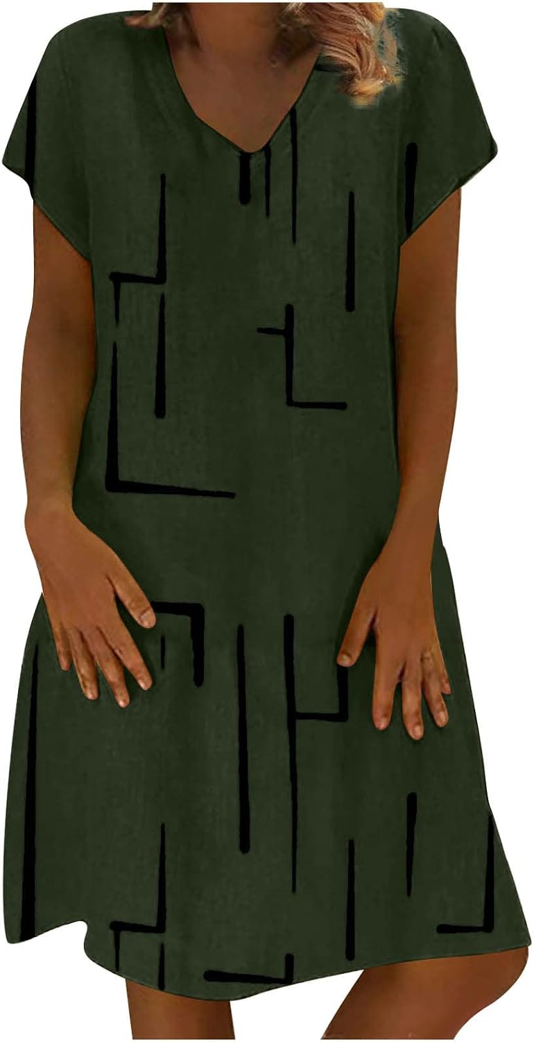 Womens Casual T Shirt Dresses Funny Line Print Loose Dress Short Sleeve Crew Neck Mini Shirt Dress A-Line Tunic Beach Dress