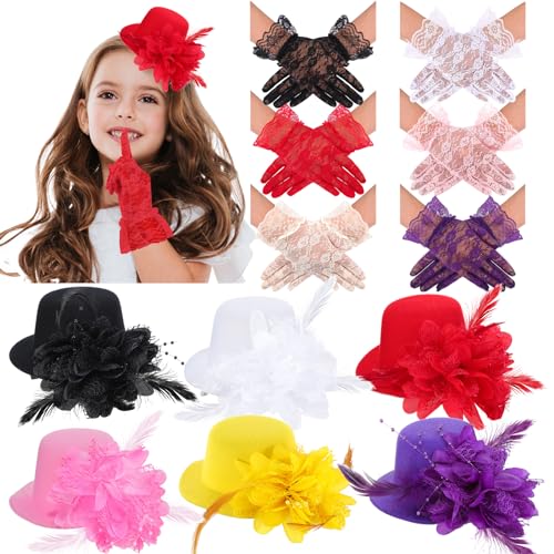 JaGely 12 Pcs Tea Party Fascinator Set Flower Mesh Ribbons Feathers Tea Party Hats for Girls with Lace Gloves for Girls Kids (Bright Color)