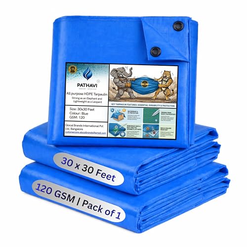 Image of Premium 30x30ft Blue Tarpaulin, Thadika, 120 GSM Virgin Tharpai Sheet, Heavy Duty Waterproof Tadpatri Cover with Reinforced Eyelets & UV Protection, Ideal for Trucks, Farms, HomeUse, 1 Sheet