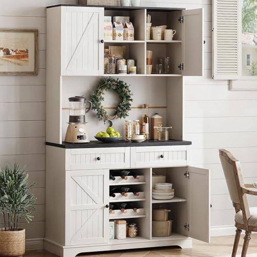 Pantry Cabinet with 2 Drawers & 3 Wine Racks, 71' Farmhouse Kitchen Storage Cabinet with Adjustable Shelves, Kitchen Hutch with Microwave Stand for Dining Room, Living Room, Off White
