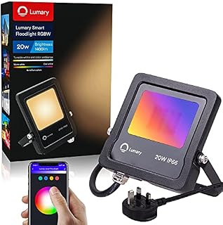 Lumary 20W Smart WiFi LED Flood Lights Ourdoor, RGBW Color Changing 2700K-6500K Dimmable Security Light, IP66 Waterproof FloodLight, Voice Control with Alexa/Google, Garden Lawn Garage UK Plug 1 Pack
