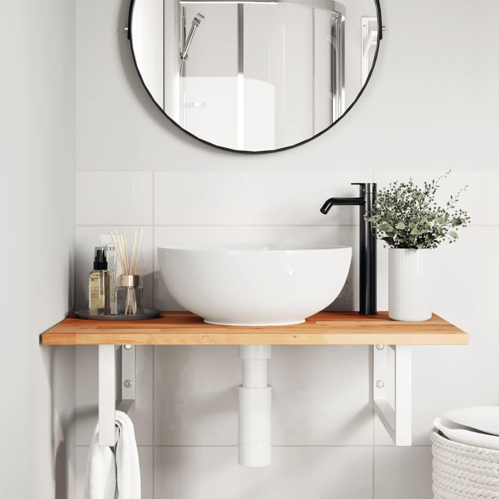 Tapa de lavabo con soporte de 80 x 50 cm, estantería para lavabo de pared de madera maciza de acacia y acero, estante de pared para lavabo superior, estante de baño con toallero, blanco