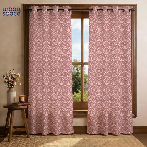 Image of Urban Space 100% Cotton Floral Curtains 7 feet Long Set of 2, 60-65% Room Darkening, Decorative Curtains with Eyelets /Rings for Hanging, Tieback Included (Canopy Clay Pink, Door - 7 Feet)