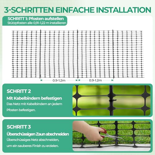 Ohuhu Begrenzungszaun mobiler Zaun 30m lang 1m hoch mit 25 Pfähle, Engmaschig Hundezaun, Absperrzaun, Steckzaun Kleintiernetz Gartenzaun ideal für Garten, Haus, Hof, Schwarz