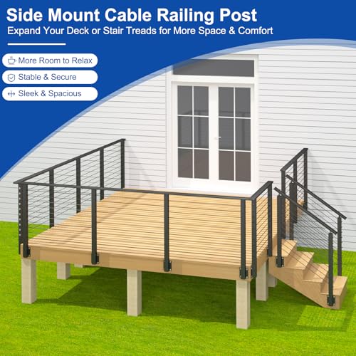 Image of BLIKA 36 inch Side Mount Cable Railing Posts, Stainless Steel, Level Drilled Side Fascia Mount Deck Post for Cable Railing Kit, Black Powder Coated Side Mount Line Posts
