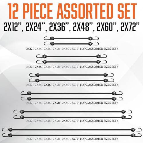Image of Bungee Cords Heavy Duty Outdoor with Hooks - 12Pc Assorted Sizes Set