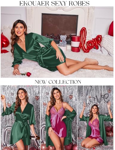 Image of Ekouaer Women's Satin Robe Valentines Lingerie for Women Kimono Bathrobe Short Ruffle Belted Robes Bridesmaids Sleepwear