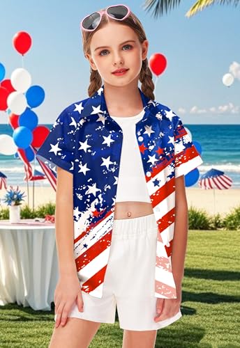 Image of Remimi Unisex Kids 4th of July Button Up Shirt Boys American Flag Print Hawaiian Beach Short Sleeve Tops 5-14 Years