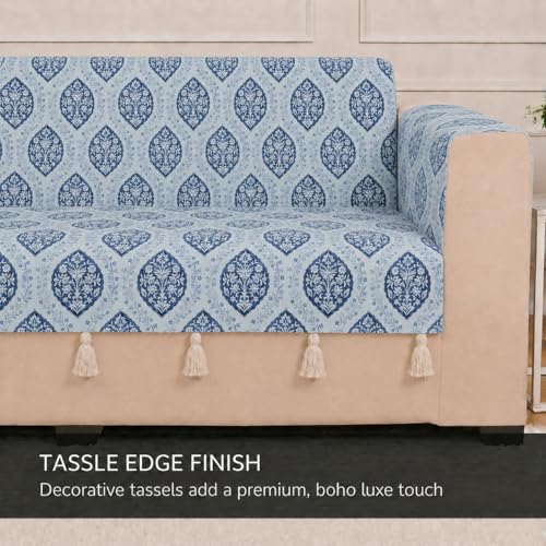 Image of STITCHNEST 'Eden Weaves Collection Series' 1 Seater Sofa Cover | Full Coverage with Armrest Pockets | Elegant Woven Fabric, Decorative Tassels, Washable & Durable for Modern Living