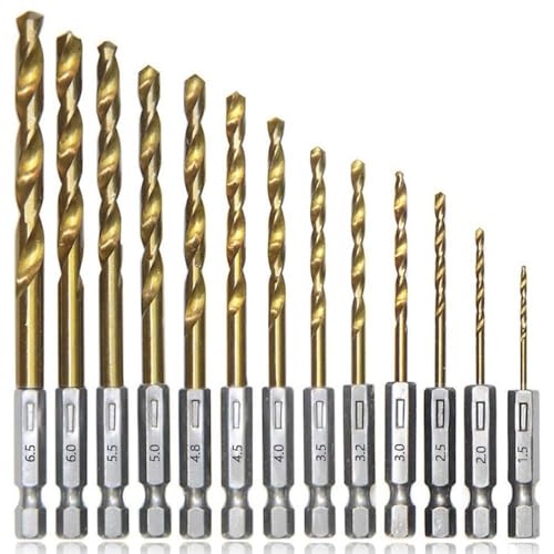 Set di Punte da Trapano, Drill Bit Esagonale da 13 Pezzi, Punte in Metallo HSS con Rivestimento in Titanio 1,5-6,5 MM
