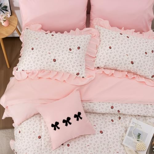 Image of A Nice Night Red Bow Comforter Set,Ruffle 6Pcs Bed in a Bag Matching Sheet Set, Bowknot Bedding Sets,Princess Style Strawberry Flower Printed Room Decor for Girls,Queen