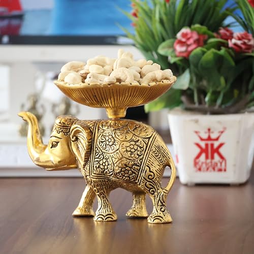 Image of KridayKraft Metal Elephant Dry Fruit Bowl Showpiece Gold Polish for Your Home,Office Table Decorative,Elephant Showpiece Bowl for Gift,Animal Figurines