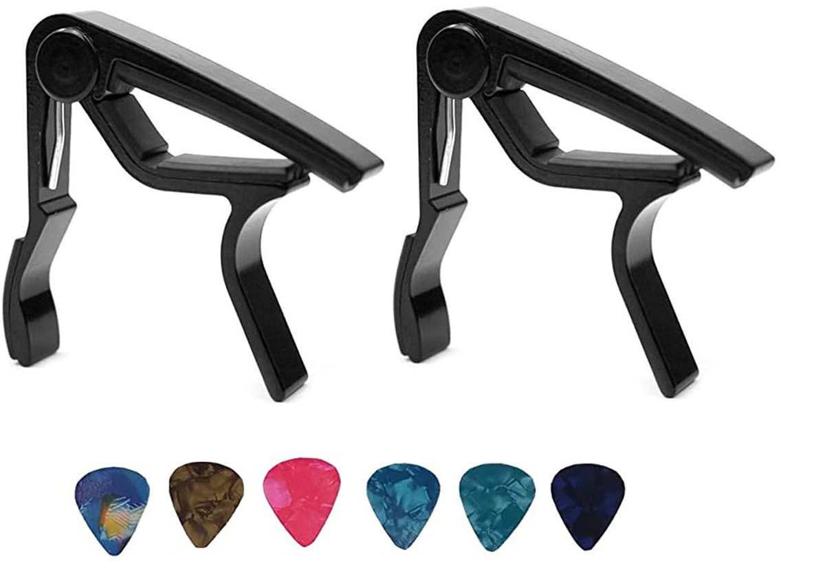 2 Pack Black Guitar Capos, Trigger Capo Key Clamp, Quick Change Acoustic Guitar Accessories With 6 Pcs Guitar Picks
