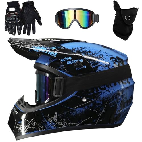 Casco Integrale da Moto Fuoristrada Per Bambini, con Occhiali, Maschera E Guanti, Per MTB, BMX, Downhill, Quad, Enduro E Cross, Omologato DOT(Style 7,L(56-57cm))