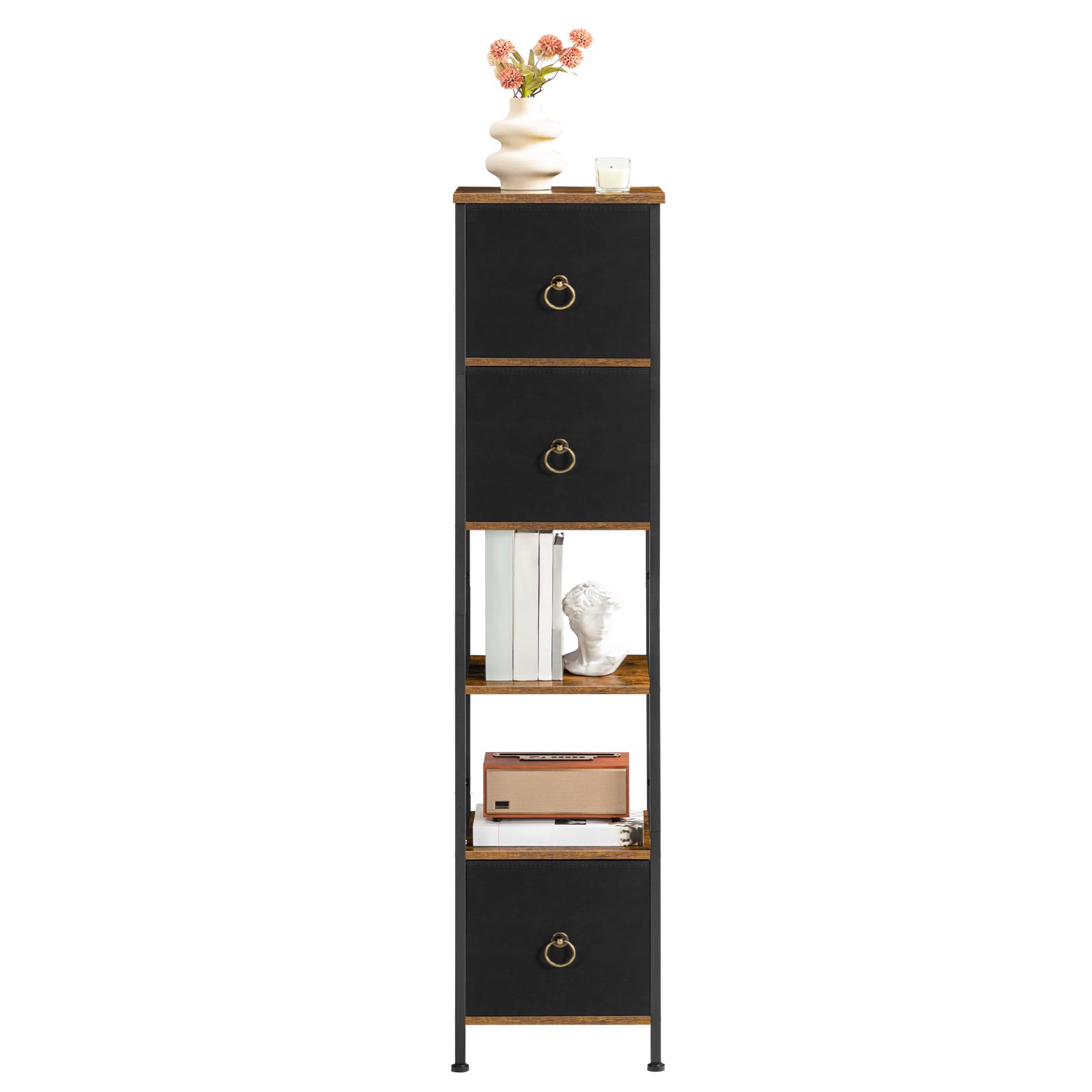 HOOBRO Badezimmerschrank, freistehendes Aufbewahrungsregal für Badezimmer, schmaler Aufbewahrungsschrank, multifunktionaler Hochschrank, 3 Stoffschubladen, Vintagebraun und Schwarz EBF140CW01