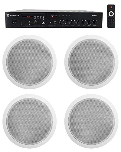 Rockville Commercial Bundle: (4) CCL6T White 70V 6' Ceiling Speakers, Wide Dispersion, RCS80-1 60-Watt 70V Bluetooth Amplifier, Perfect for Restaurant/Bar/Cafe, 5 Items