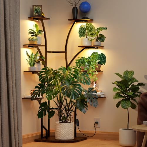Image of Barrina LS13 Corner Plant Stand with Grow Lights, 9-Tier, Full Spectrum | 63.8 inch Tall Plant Shelf, Warm T5 Grow Light, Timer, Tree-Shape Corner Flower Holder for Living Room, Home Decor, Gardening