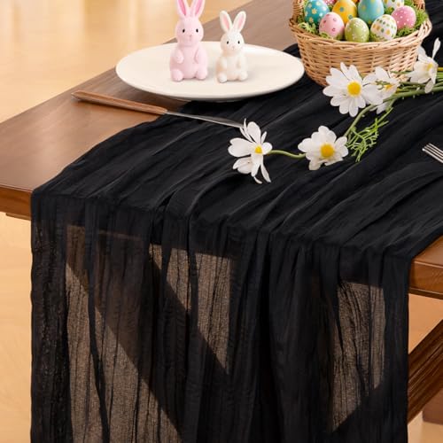 Image of Socomi Black Table Runner Boho Rustic Gauze Summer 120 inch 10FT Cheese Cloth Sheer Runner for Wedding Party Baby Shower Birthday Home Decor Holiday Decorations