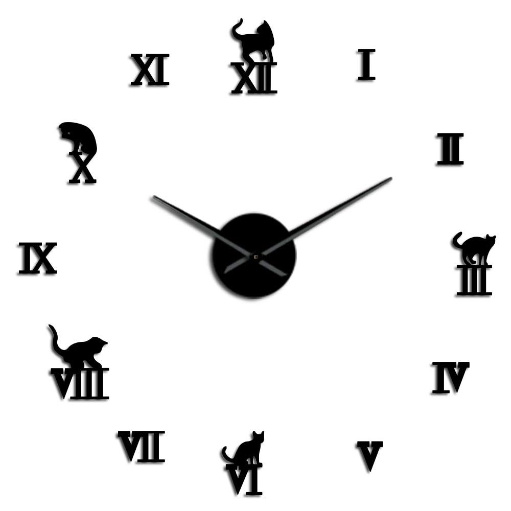 Vcs Black 3D Large Wall Clock Diy Large Modern Frameless Home Decor Cat Big Clock Mirror For Bedroom Living Room Kittens Kitty Wall Decor(,27Inch)