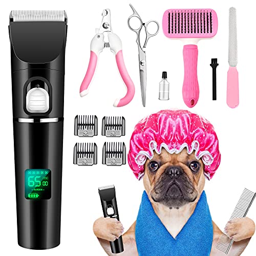 Dog Clippers, Dog Grooming Kit Low Noise Electric LED Pet Hair Trimmers, Professional Rechargeable Dog Shaver Shears with Self-Cleaning Brush, Comb, Scissors, Nail Clippers for Dogs Cats and Others
