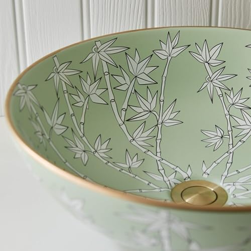 Image of BASSINO 16x16x5 Inches Designer Ceramic Table Top Wash Basin /Green Bamboo Floral Art Bowl Sink with Golden Edge for Bathroom /Handcrafted Round Countertop Washbasin for Office /Hotel(Glossy)