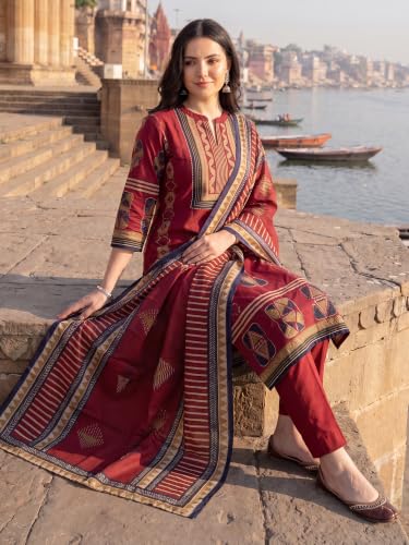 Image of INDO ERA Women's Pure Cotton Abstract Printed Mirror Work Kurta & Pant with Dupatta Set (IEAI13205)|Cotton Suits For Women With Dupatta