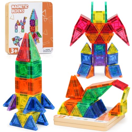 Lozzzyo Construção magnética infantil, conjunto de tijolos magnéticos de 60 peças para crianças dos 3 aos 12 anos, jogos magnéticos infantis com caixa de armazenamento metálica portátil para crianças