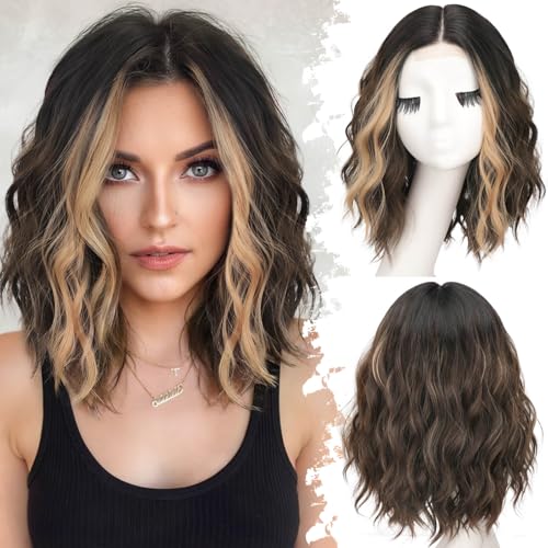 Eawwii Dark Brown Mixed Blonde Short Wavy Wig Lace Hairline