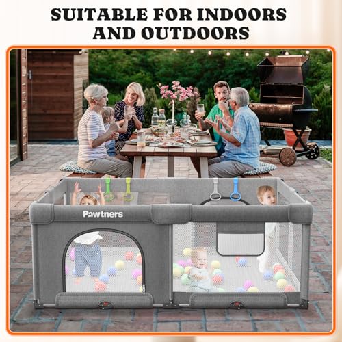 Image of Foldable Baby Playpen: 71 inch L x 59 inch W x 27 inch H, Large Kids Play Yard with Mat for Indoor and Outdoor, Portable Baby Gate with 50PCS Ocean Ball, 4 Handles